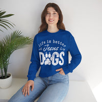 Life is Better With Jesus and My Dogs – Gildan Heavy Blend | Trendy Women’s and Men's Soft Sweatshirt. Direct to Garment. Printed & Shipped in the USA. Unisex Sizes.