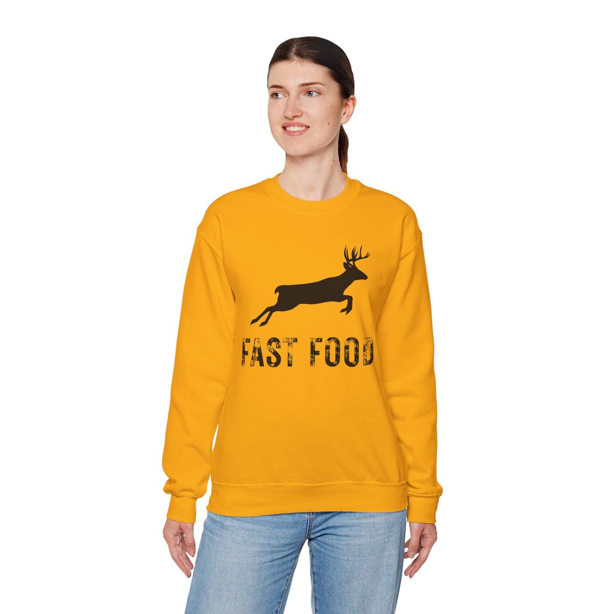 Fast Food Deer Hunting Humor Distressed – Gildan Heavy Blend | Trendy Men's and Women’s Soft Sweatshirt. Direct to Garment. Printed & Shipped in the USA. Unisex Sizes.