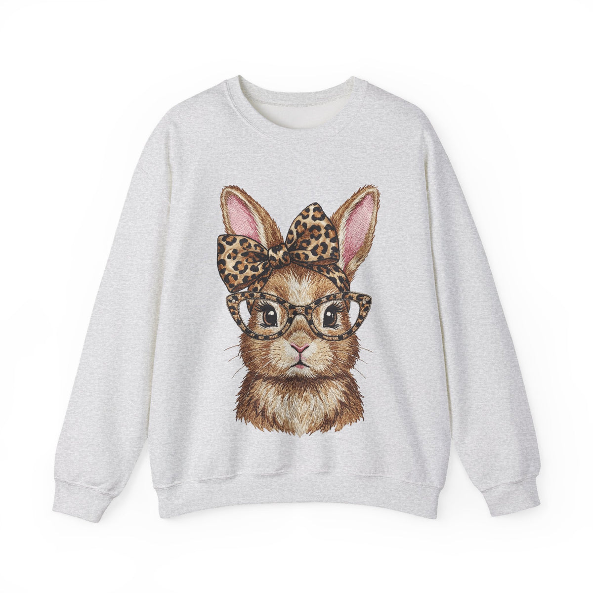 Bunny with Leopard Glasses and Bow – Gildan Heavy Blend | Trendy Women’s Soft Sweatshirt. Direct to Garment. Printed & Shipped in the USA. Unisex Sizes.