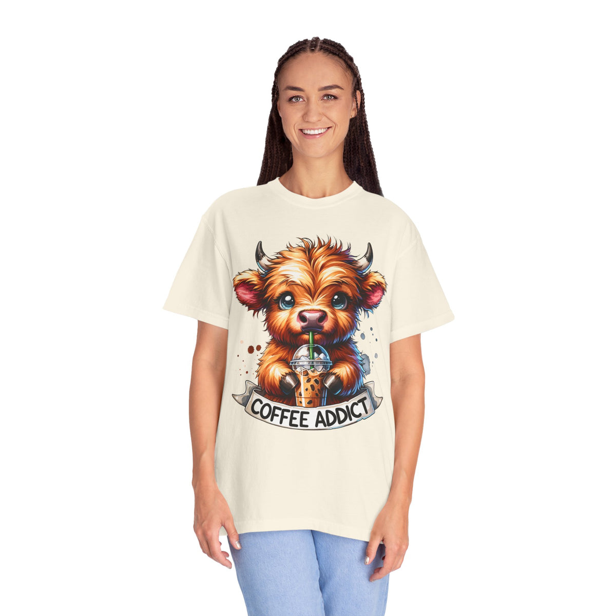 Coffee Addict Highland Cow Drinking Iced Coffee - Comfort Colors | Trendy Women's T-Shirt. Direct to Garment. Printed & Shipped in the USA. Unisex Sizes.