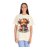 Coffee Addict Highland Cow Drinking Iced Coffee - Comfort Colors | Trendy Women's T-Shirt. Direct to Garment. Printed & Shipped in the USA. Unisex Sizes.
