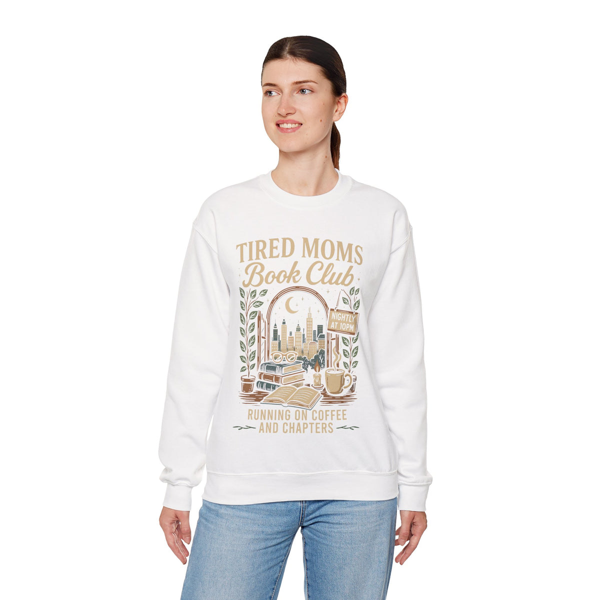 Tired Moms Book Club Running on Coffee and Chapters – Gildan Heavy Blend | Trendy Women’s Soft Sweatshirt. Direct to Garment. Printed & Shipped in the USA. Unisex Sizes.