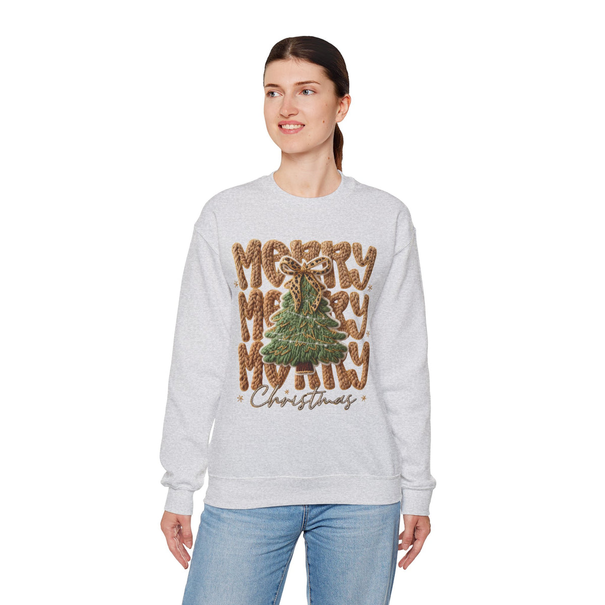 Merry Merry Merry Christmas, Faux Latch Hook Yarn – Gildan Heavy Blend | Trendy Women’s Soft Sweatshirt. Direct to Garment. Printed & Shipped in the USA. Unisex Sizes.