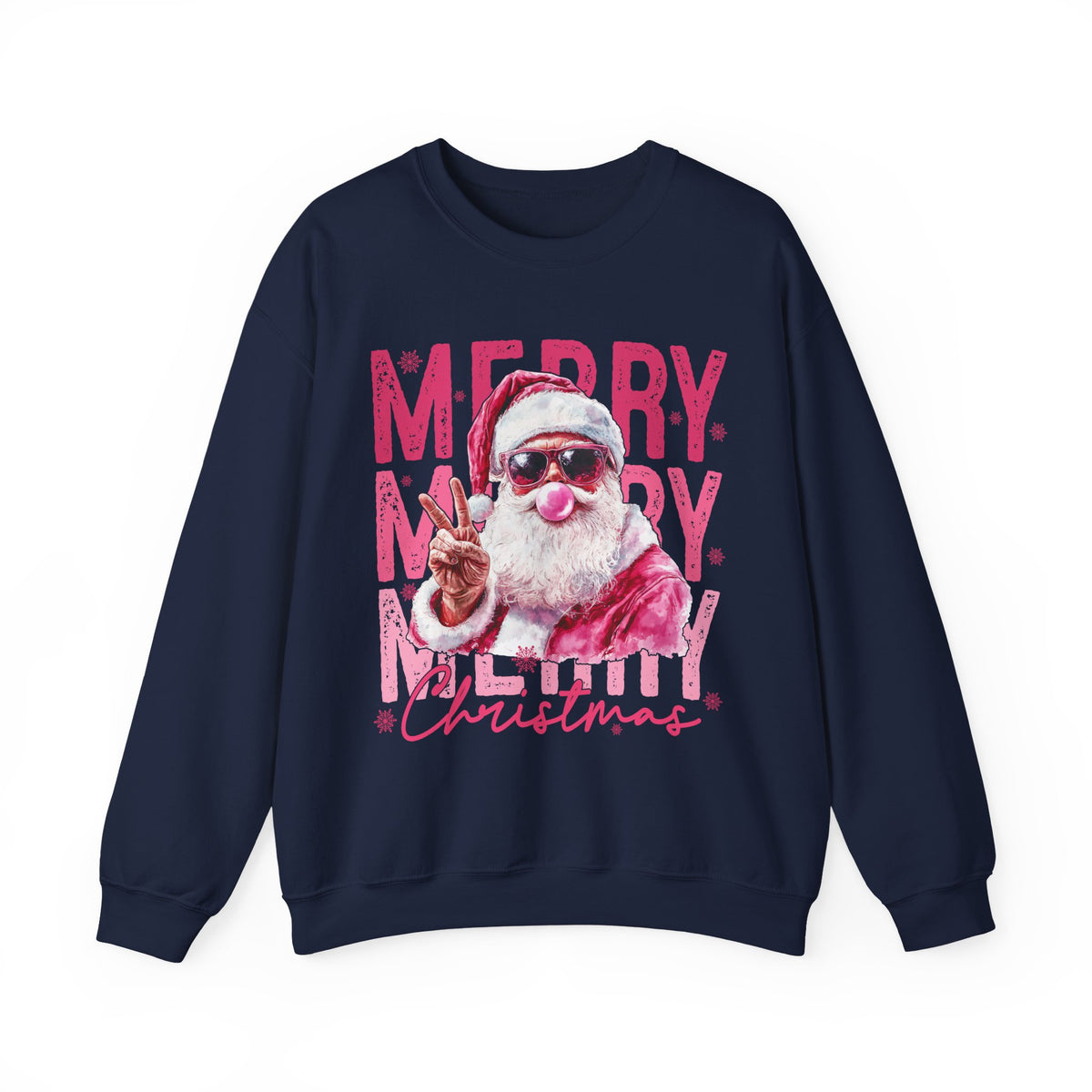 Pink Merry Christmas Bubblegum Santa – Gildan Heavy Blend | Trendy Women’s Soft Sweatshirt. Direct to Garment. Printed & Shipped in the USA. Unisex Sizes.