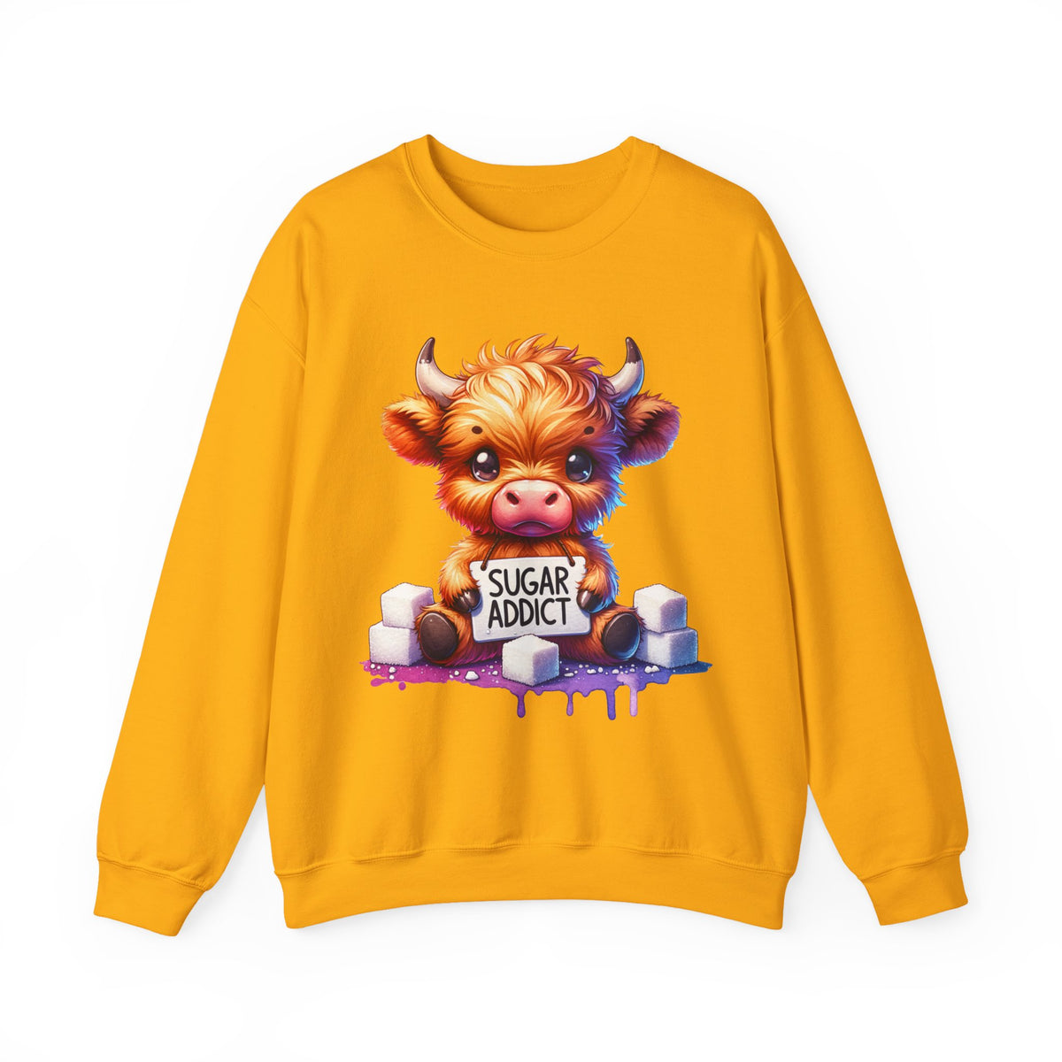 Sugar Addict Highland Cow – Gildan Heavy Blend | Trendy Women’s Soft Sweatshirt. Direct to Garment. Printed & Shipped in the USA. Unisex Sizes.