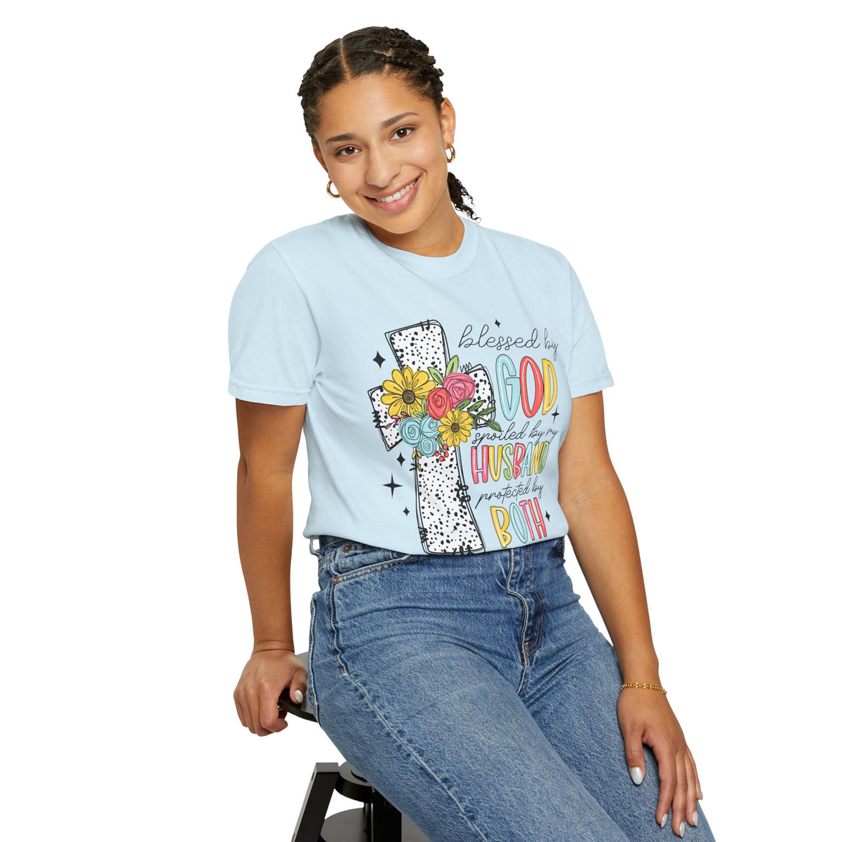 Blessed by God, Spoiled by Husband, Protect by Both - Comfort Colors | Trendy Women's T-Shirt. Direct to Garment. Printed & Shipped in the USA. Unisex Sizes.