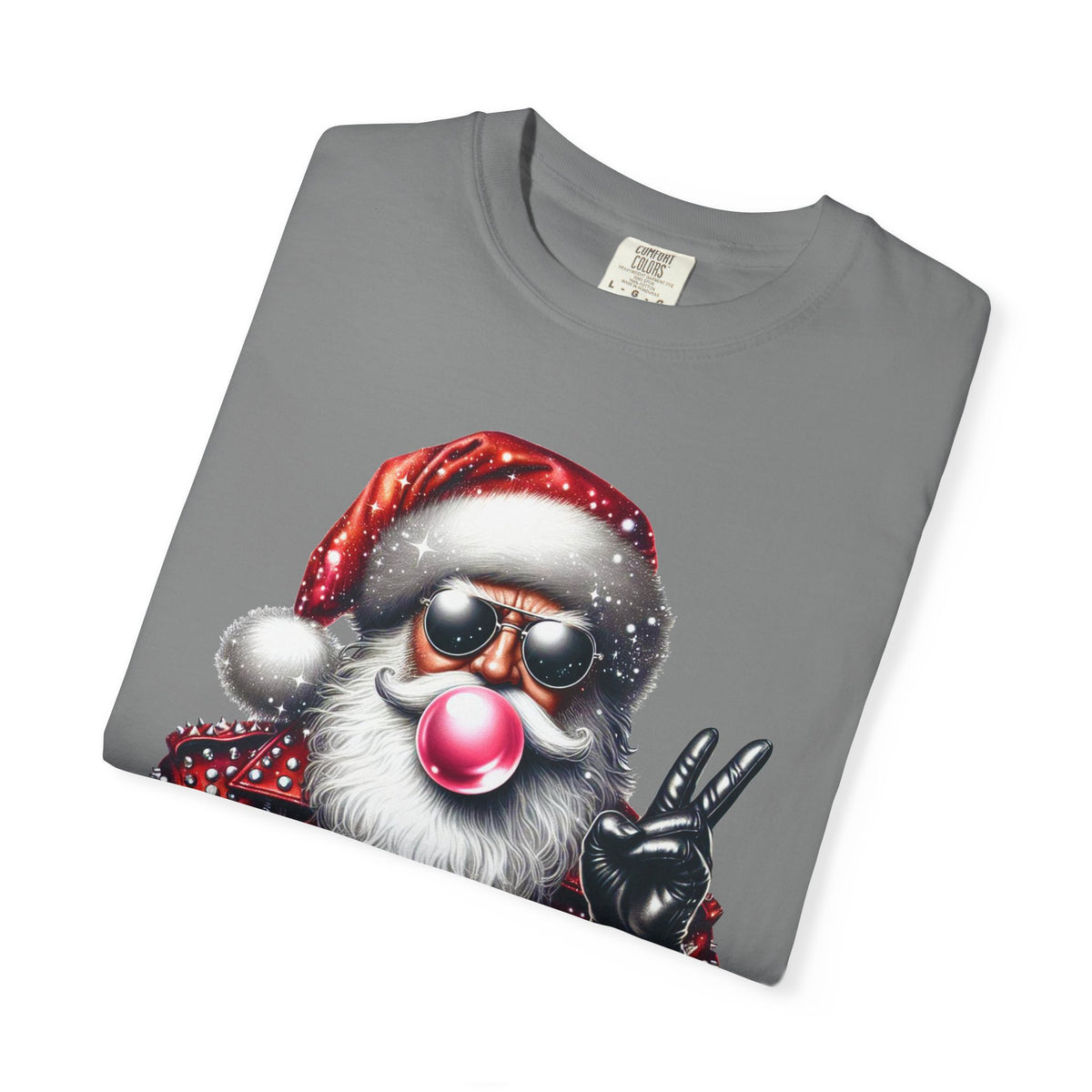 Biker Santa Leather Jacket Bubblegum - Comfort Colors | Trendy Women's and Men's T-Shirt. Direct to Garment. Printed & Shipped in the USA. Unisex Sizes.