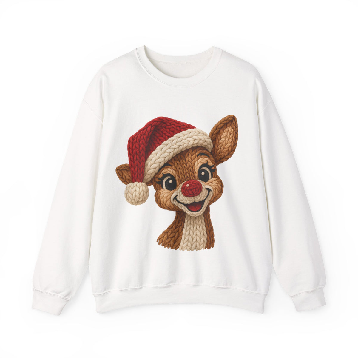 Cute Rudolph Faux Knit Look Reindeer w/Santa Hat – Gildan Heavy Blend | Trendy Women’s Soft Sweatshirt. Direct to Garment. Printed & Shipped in the USA. Unisex Sizes.