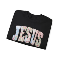 Jesus faux Patchwork – Gildan Heavy Blend | Trendy Women’s Soft Sweatshirt. Direct to Garment. Printed & Shipped in the USA. Unisex Sizes.