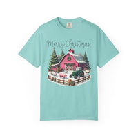 Merry Christmas Pink Barn Farm Animals - Comfort Colors | Trendy Women's T-Shirt. Direct to Garment. Printed & Shipped in the USA. Unisex Sizes.