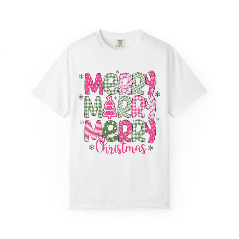 Merry Merry Merry Christmas, Festive Candy Cane & Pink and Green Plaid - Comfort Colors | Trendy Women's T-Shirt. Direct to Garment. Printed & Shipped in the USA. Unisex Sizes.