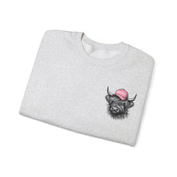 Head Heffa Highland Cow, Front & Back Print – Gildan Heavy Blend | Trendy Women’s Soft Sweatshirt. Direct to Garment. Printed & Shipped in the USA. Unisex Sizes.