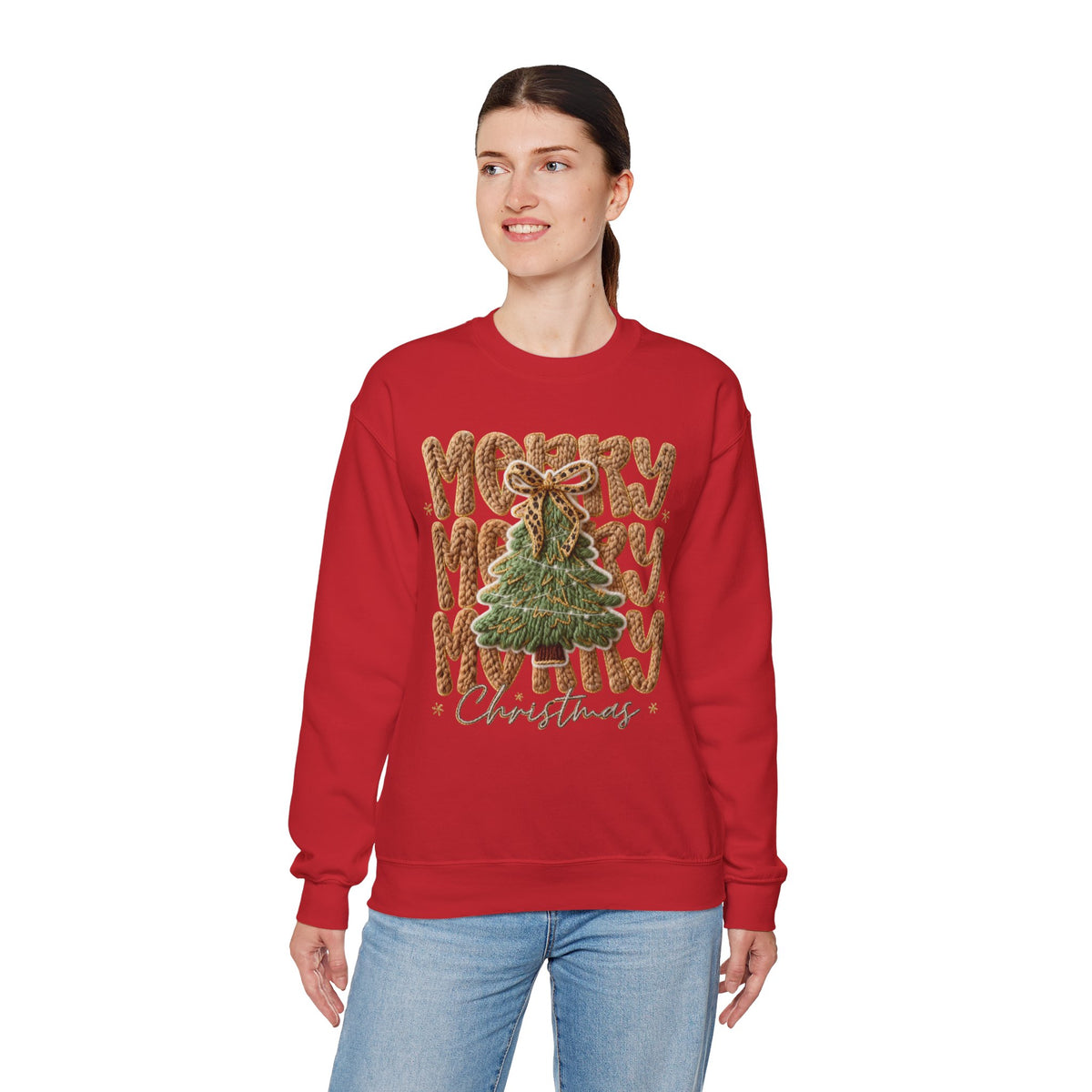 Merry Merry Merry Christmas, Faux Latch Hook Yarn – Gildan Heavy Blend | Trendy Women’s Soft Sweatshirt. Direct to Garment. Printed & Shipped in the USA. Unisex Sizes.