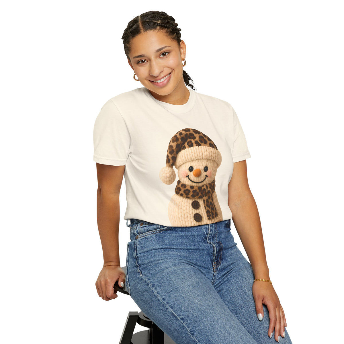 Cute Leopard Faux Knit Snowman Winter - Comfort Colors | Trendy Women's T-Shirt. Direct to Garment. Printed & Shipped in the USA. Unisex Sizes.