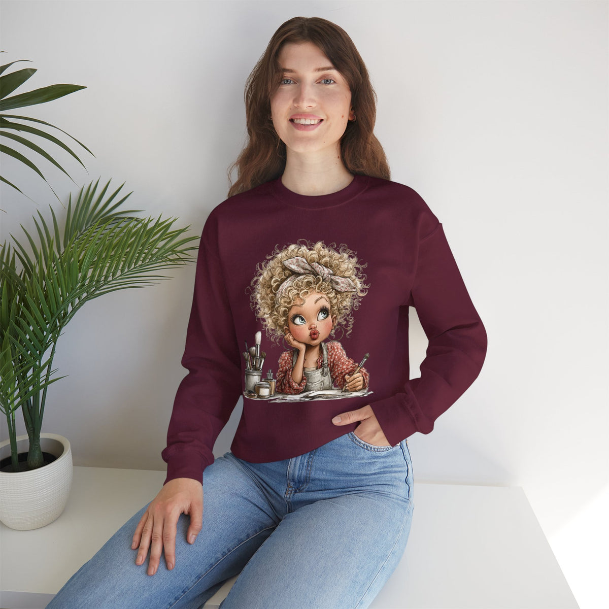 Cute Artist Curly Girl – Gildan Heavy Blend | Trendy Women’s Soft Sweatshirt. Direct to Garment. Printed & Shipped in the USA. Unisex Sizes.