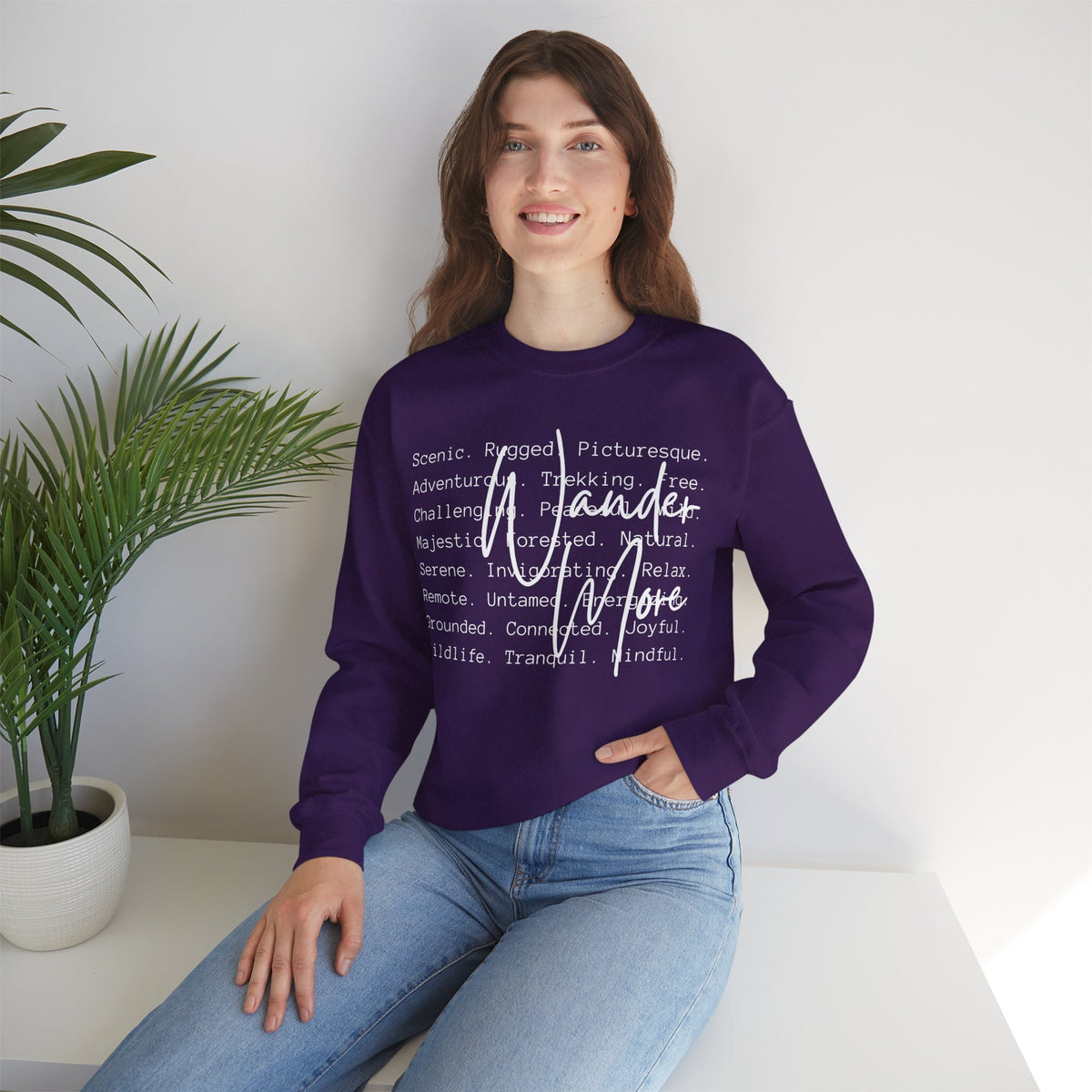 Wander More, Scenic Adventure Typography – Gildan Heavy Blend | Trendy Men's and Women’s Soft Sweatshirt. Direct to Garment. Printed & Shipped in the USA. Unisex Sizes.