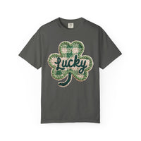 Lucky Shamrock Faux Knit - Comfort Colors | Trendy Men's and Women's T-Shirt. Direct to Garment. Printed & Shipped in the USA. Unisex Sizes.