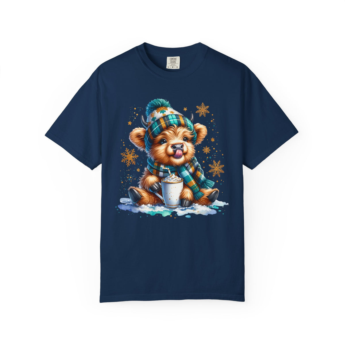 Winter Baby Highland Cow with Cocoa  - Comfort Colors | Trendy Women's T-Shirt. Direct to Garment. Printed & Shipped in the USA. Unisex Sizes.
