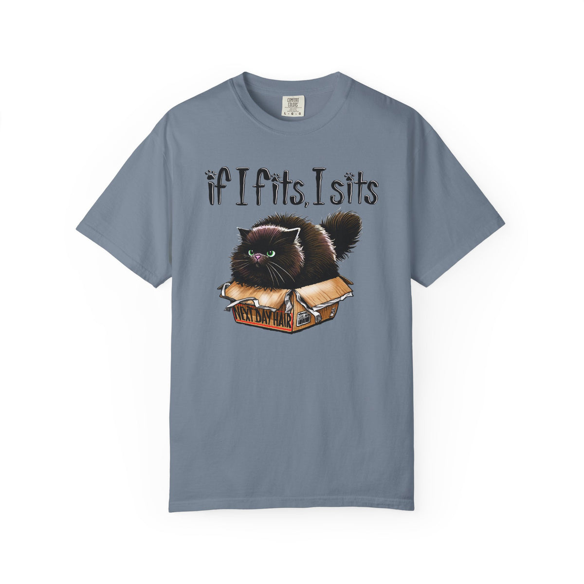 If I Fits I Sits, Cat in a Box - Comfort Colors | Trendy Women's and Men's T-Shirt. Direct to Garment. Printed & Shipped in the USA. Unisex Sizes.