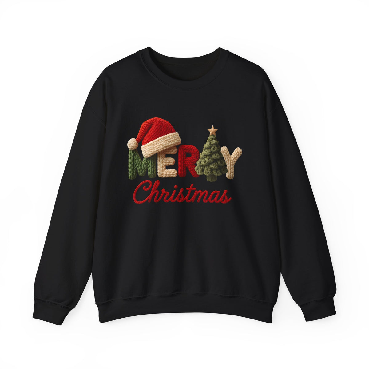 Merry Christmas Faux Yarn w/Santa Hat & Tree – Gildan Heavy Blend | Trendy Women’s Soft Sweatshirt. Direct to Garment. Printed & Shipped in the USA. Unisex Sizes.