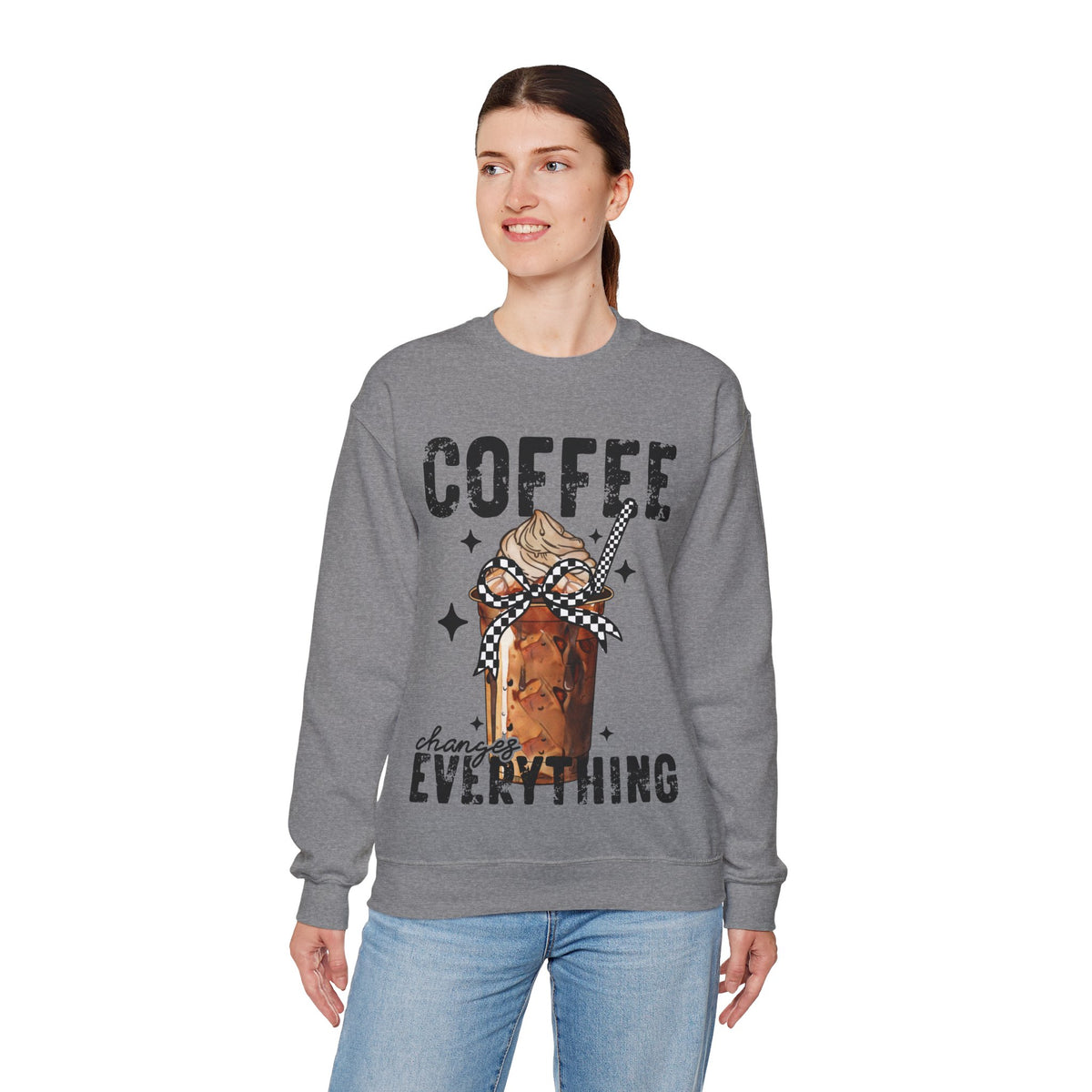 Coffee Changes Everything, Iced Coffee, Coffee Lovers – Gildan Heavy Blend | Trendy Women’s Soft Sweatshirt. Direct to Garment. Printed & Shipped in the USA. Unisex Sizes.