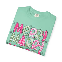 Merry Merry Merry Christmas, Festive Candy Cane & Pink and Green Plaid - Comfort Colors | Trendy Women's T-Shirt. Direct to Garment. Printed & Shipped in the USA. Unisex Sizes.