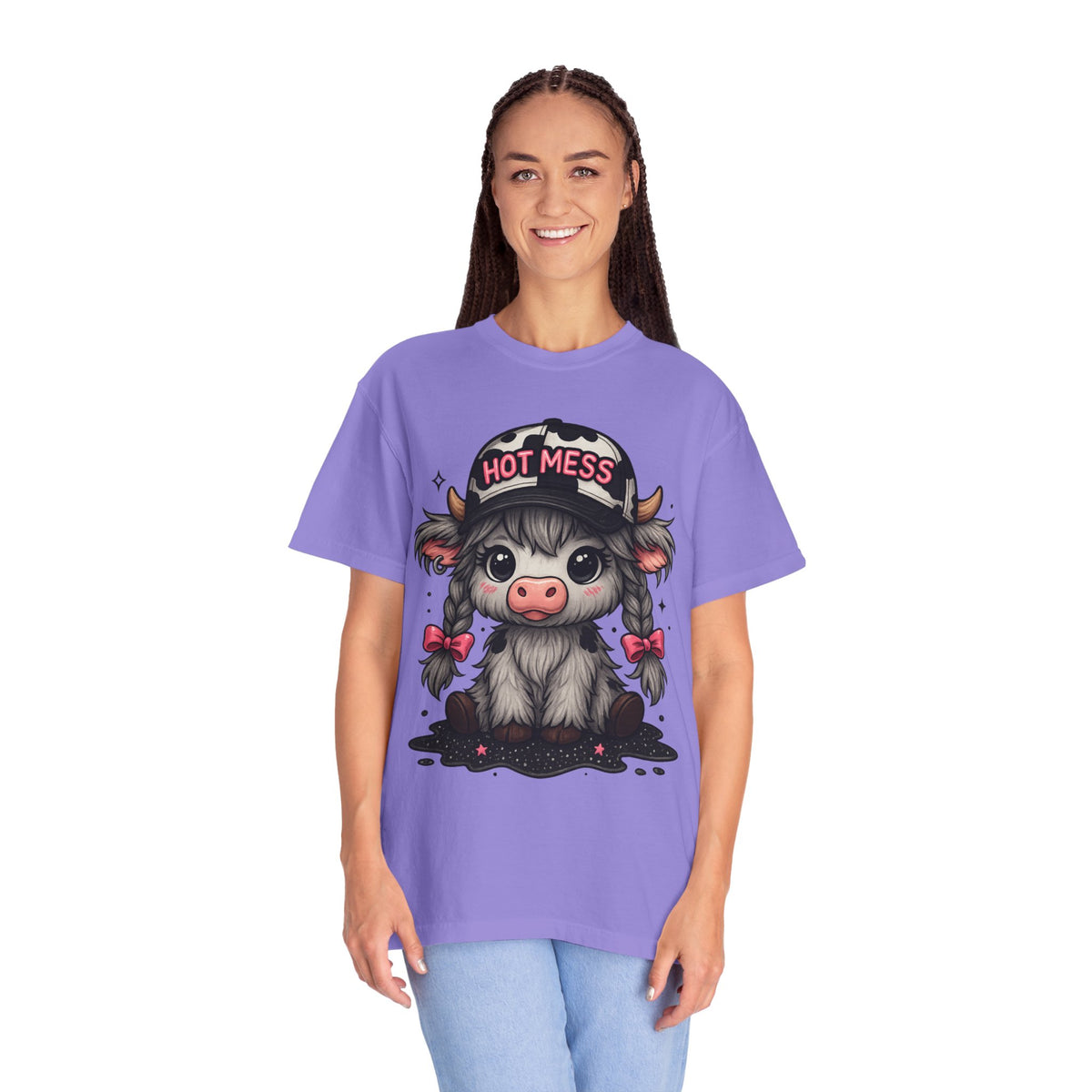 Cute Highland Cow 'Hot Mess' In Braids  - Comfort Colors | Trendy Women's T-Shirt. Direct to Garment. Printed & Shipped in the USA. Unisex Sizes.