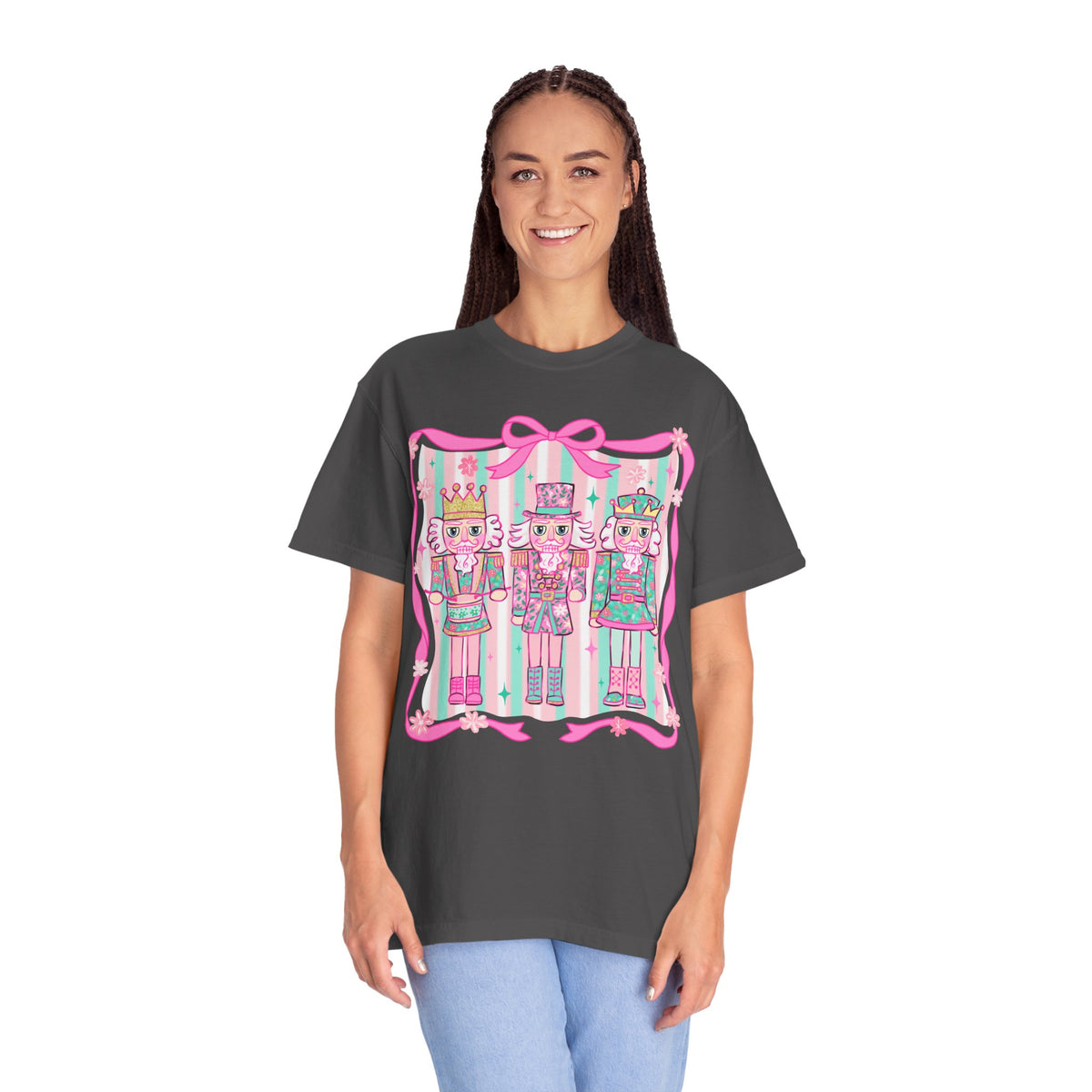 Coquette Pastel Christmas Nutcracker Trio Pink and Green - Comfort Colors | Trendy Women's T-Shirt. Direct to Garment. Printed & Shipped in the USA. Unisex Sizes.
