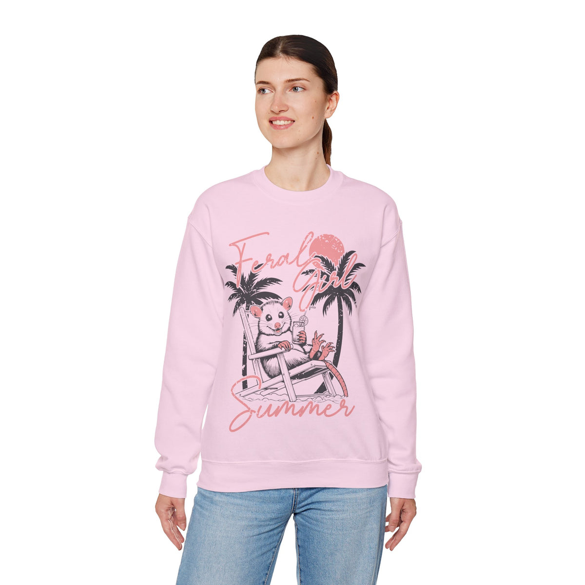 Feral Girl Summer, Possum on a Beach – Gildan Heavy Blend | Trendy Women’s Soft Sweatshirt. Direct to Garment. Printed & Shipped in the USA. Unisex Sizes.