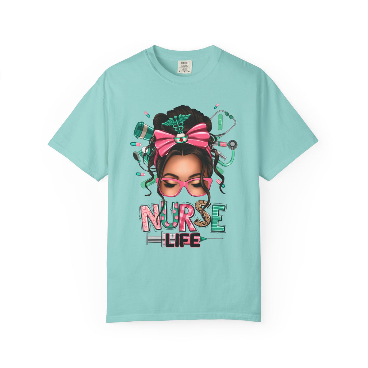 Nurse Life Messy Bun, Cute Stethoscope & Syringe - Comfort Colors | Trendy Women's T-Shirt. Direct to Garment. Printed & Shipped in the USA. Unisex Sizes.