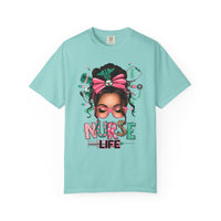 Nurse Life Messy Bun, Cute Stethoscope & Syringe - Comfort Colors | Trendy Women's T-Shirt. Direct to Garment. Printed & Shipped in the USA. Unisex Sizes.