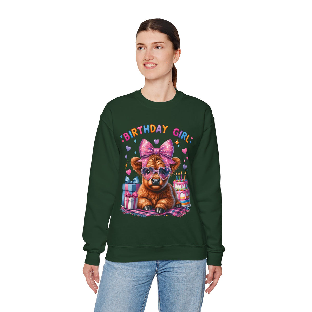Birthday Girl, Highland Cow – Gildan Heavy Blend | Trendy Women’s Soft Sweatshirt. Direct to Garment. Printed & Shipped in the USA. Unisex Sizes.
