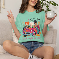 Witch Way to the Party? - Comfort Colors | Trendy Women's T-Shirt. Direct to Garment. Printed & Shipped in the USA. Unisex Sizes.