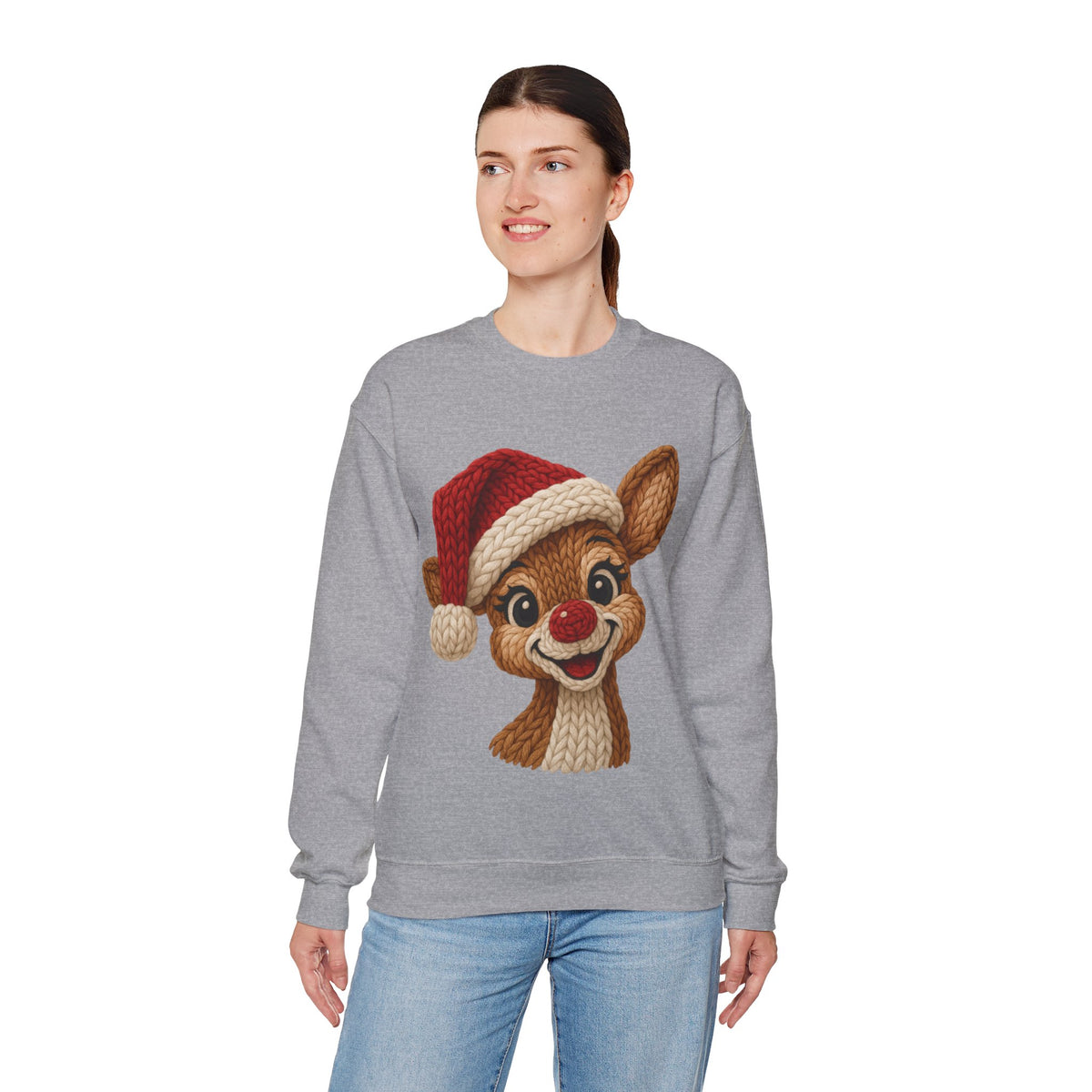 Cute Rudolph Faux Knit Look Reindeer w/Santa Hat – Gildan Heavy Blend | Trendy Women’s Soft Sweatshirt. Direct to Garment. Printed & Shipped in the USA. Unisex Sizes.