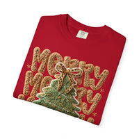Merry Merry Merry Christmas, Faux Latch Hook Yarn - Comfort Colors | Trendy Women's T-Shirt. Direct to Garment. Printed & Shipped in the USA. Unisex Sizes.