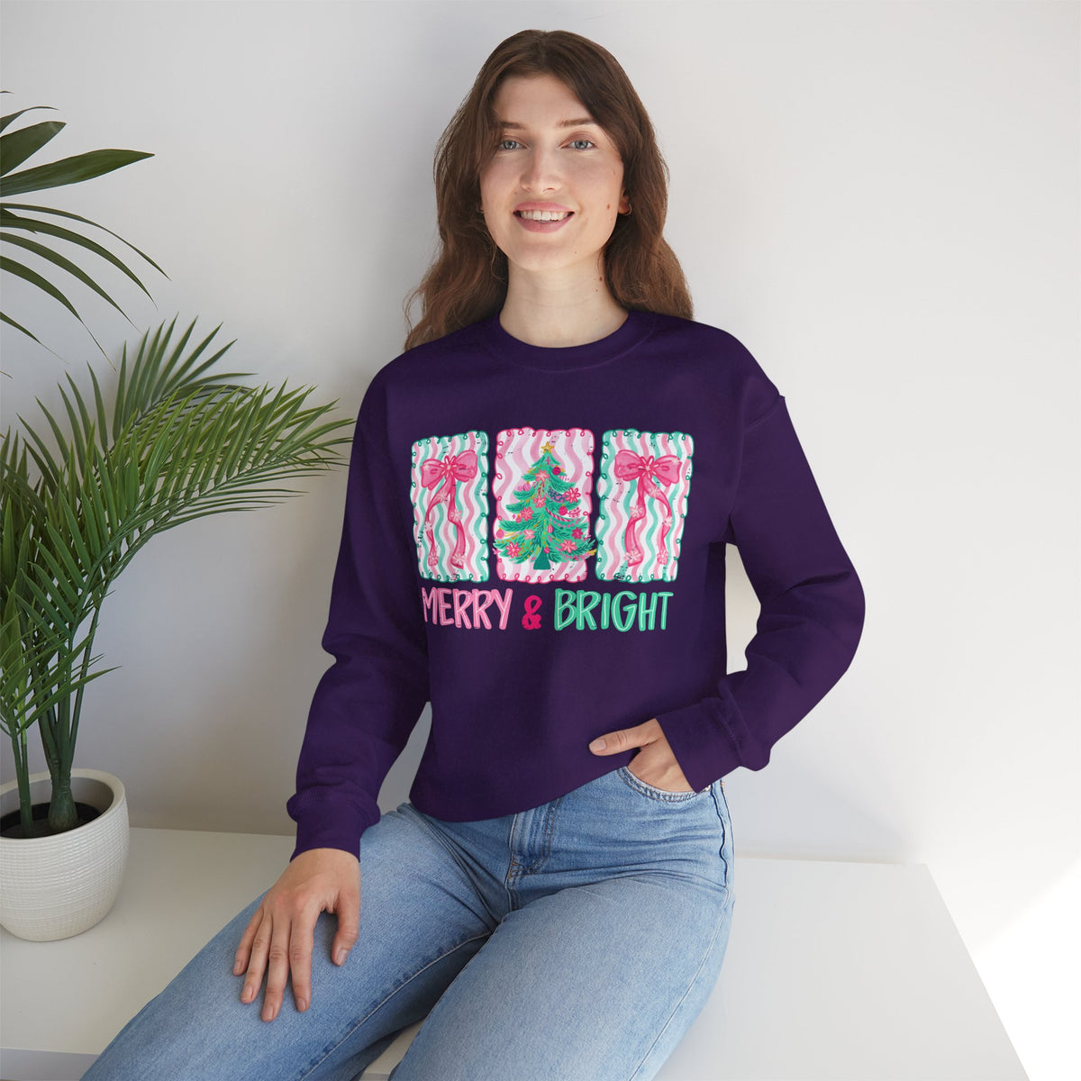 Merry & Bright Christmas - Pink & Green Holiday Tree Design – Gildan Heavy Blend | Trendy Women’s Soft Sweatshirt. Direct to Garment. Printed & Shipped in the USA. Unisex Sizes.