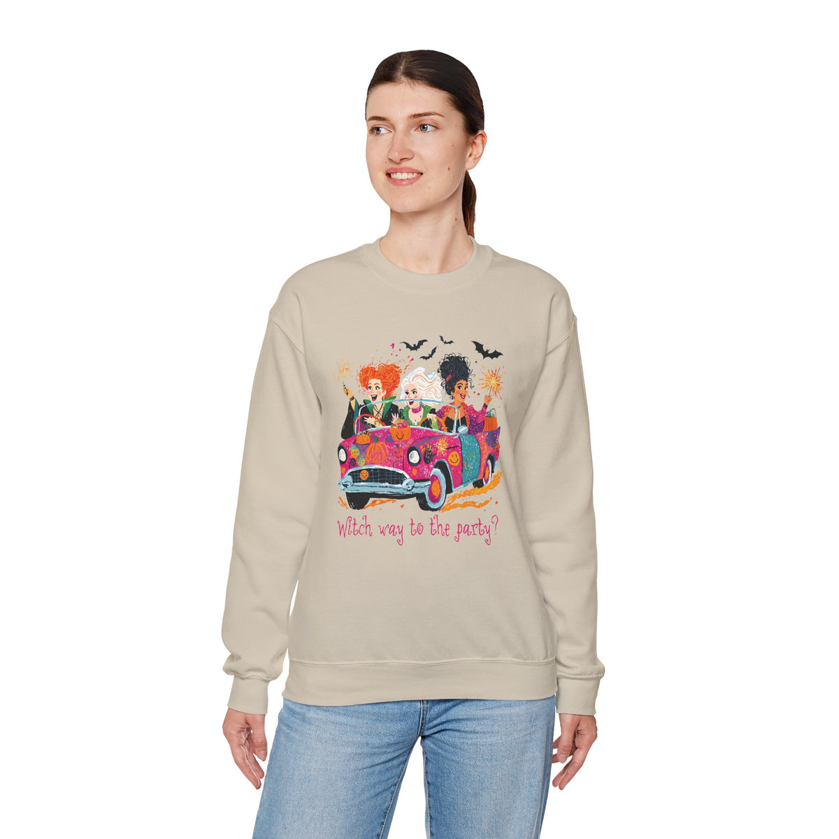 Witch Way to the Party? – Gildan Heavy Blend | Trendy Women’s Soft Sweatshirt. Direct to Garment. Printed & Shipped in the USA. Unisex Sizes.