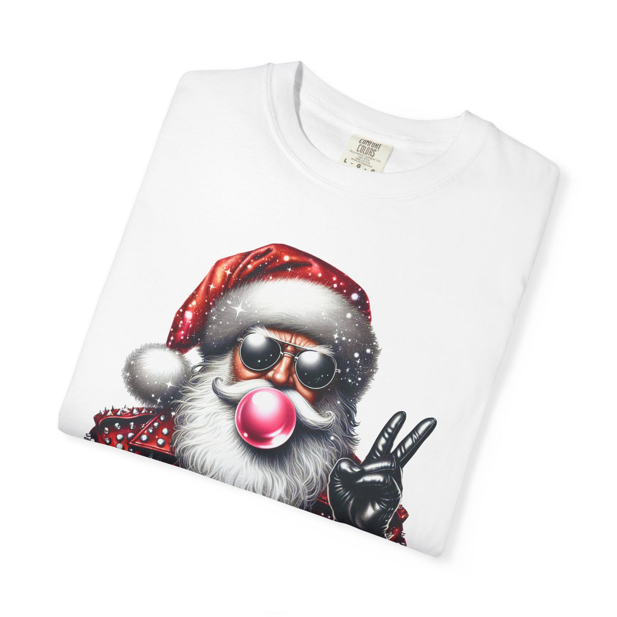 Biker Santa Leather Jacket Bubblegum - Comfort Colors | Trendy Women's and Men's T-Shirt. Direct to Garment. Printed & Shipped in the USA. Unisex Sizes.