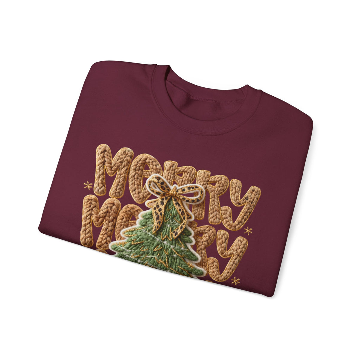 Merry Merry Merry Christmas, Faux Latch Hook Yarn – Gildan Heavy Blend | Trendy Women’s Soft Sweatshirt. Direct to Garment. Printed & Shipped in the USA. Unisex Sizes.