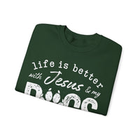 Life is Better With Jesus and My Dogs – Gildan Heavy Blend | Trendy Women’s and Men's Soft Sweatshirt. Direct to Garment. Printed & Shipped in the USA. Unisex Sizes.