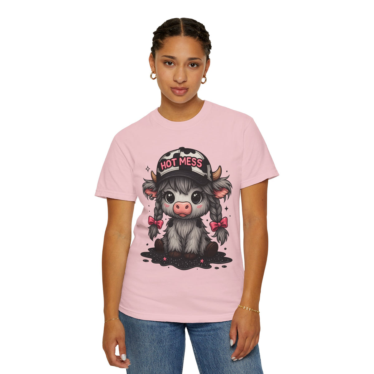 Cute Highland Cow 'Hot Mess' In Braids  - Comfort Colors | Trendy Women's T-Shirt. Direct to Garment. Printed & Shipped in the USA. Unisex Sizes.