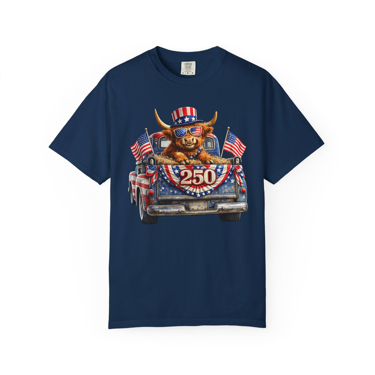 Patriotic Highland, America's 250th Birthday - Comfort Colors | Trendy Women's and Men's T-Shirt. Direct to Garment. Printed & Shipped in the USA. Unisex Sizes.