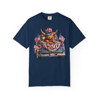 Patriotic Highland, America's 250th Birthday - Comfort Colors | Trendy Women's and Men's T-Shirt. Direct to Garment. Printed & Shipped in the USA. Unisex Sizes.
