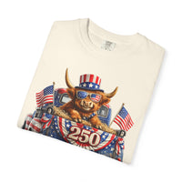 Patriotic Highland, America's 250th Birthday - Comfort Colors | Trendy Women's and Men's T-Shirt. Direct to Garment. Printed & Shipped in the USA. Unisex Sizes.