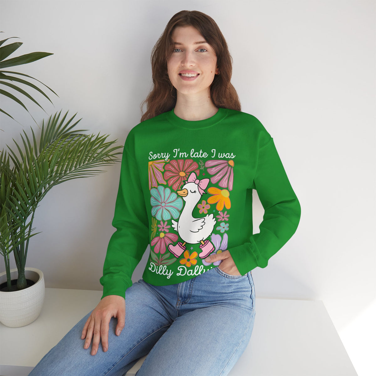 Sorry I'm Late I Was Dilly Dallying Cute Floral Duck – Gildan Heavy Blend | Trendy Women’s Soft Sweatshirt. Direct to Garment. Printed & Shipped in the USA. Unisex Sizes.