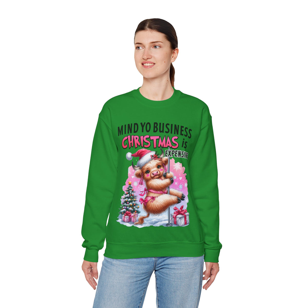Highland Cow Mind Yo Business Christmas is Expensive – Gildan Heavy Blend | Trendy Women’s Soft Sweatshirt. Direct to Garment. Printed & Shipped in the USA. Unisex Sizes.