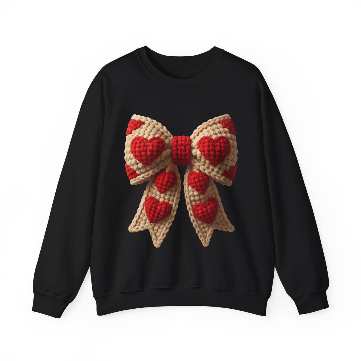 Faux Crochet Valentine Bow – Gildan Heavy Blend | Trendy Women’s Soft Sweatshirt. Direct to Garment. Printed & Shipped in the USA. Unisex Sizes.