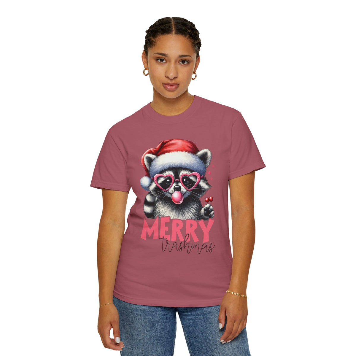 Merry Trashmas Bubblegum Raccoon w/Santa Hat Christmas - Comfort Colors | Trendy Women's T-Shirt. Direct to Garment. Printed & Shipped in the USA. Unisex Sizes.