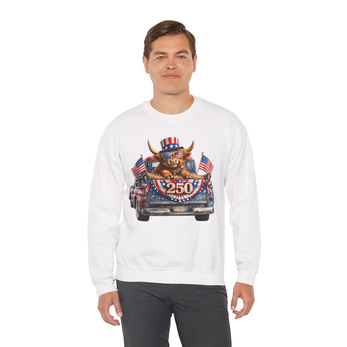 Patriotic Highland, America's 250th Birthday – Gildan Heavy Blend | Trendy Women’s and Men's Soft Sweatshirt. Direct to Garment. Printed & Shipped in the USA. Unisex Sizes.