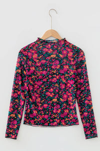 All-Over Bright Floral Mock Neck Mesh Long Sleeve Top